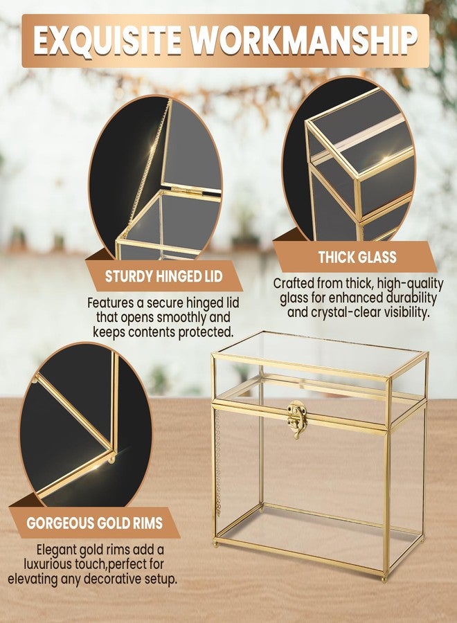 AMGSH Large Capacity Golden Vintage Glass Keepsake Box | Wedding Card Box Glass Jwelry Lidded Box Decorative Box for Display,Clear Rectangle Box Rings Bracelet Earring Organizer (10 x 5.7 x 7.8inch) - Image 3